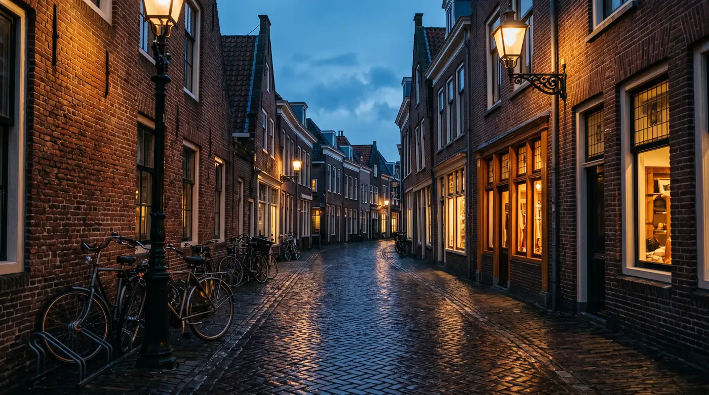 A quiet Dutch shopping street at dusk, with lit shop windows.